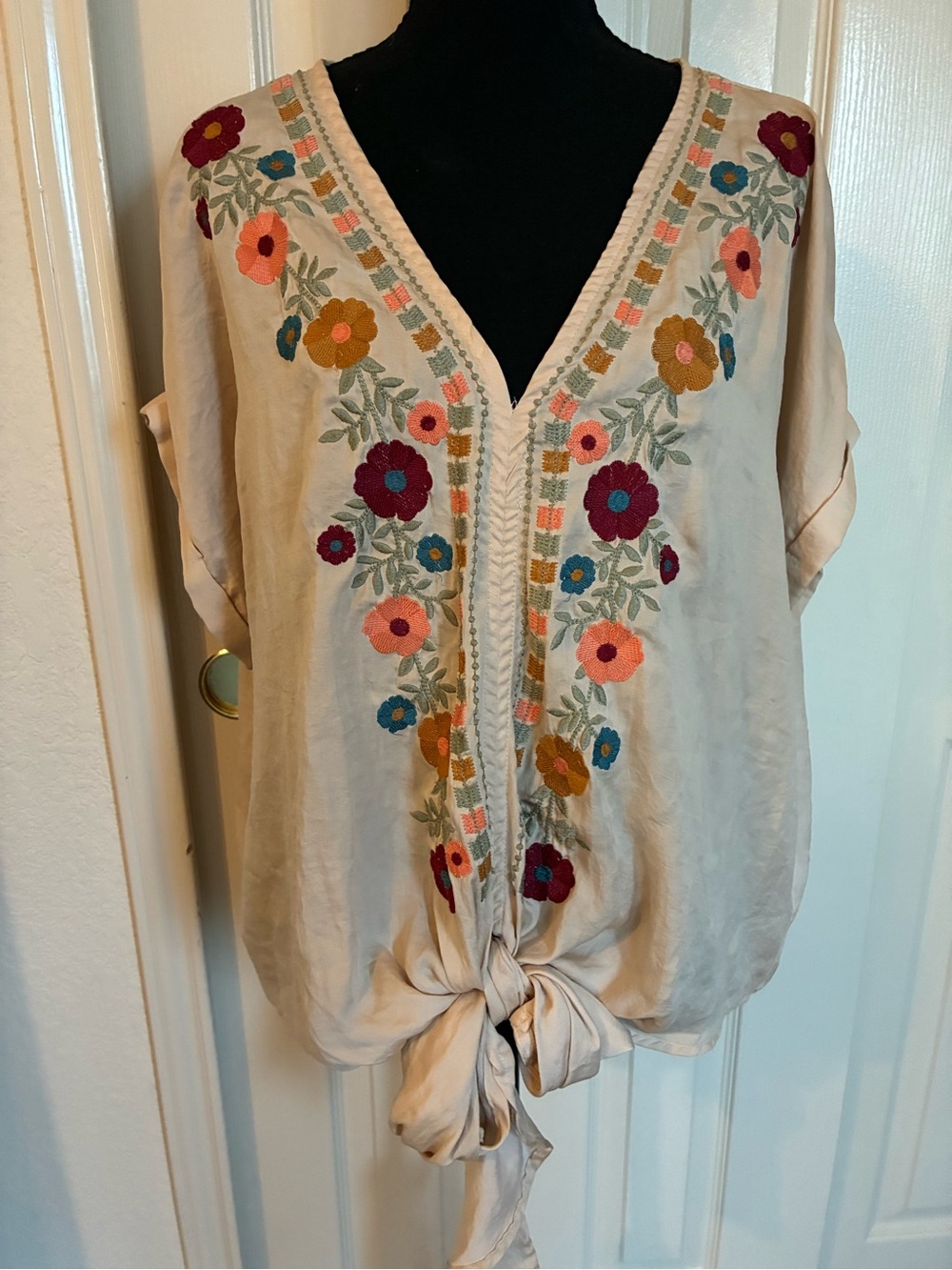 entro Cream Tie-Front V-Neck Blouse with Multicolor Floral Embroidery